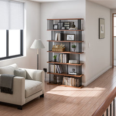 Bookcase with 6 Open Shelves in Antique Walnut and Black Metal