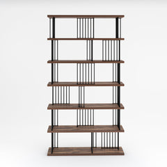 Bookcase with 6 Open Shelves in Antique Walnut and Black Metal