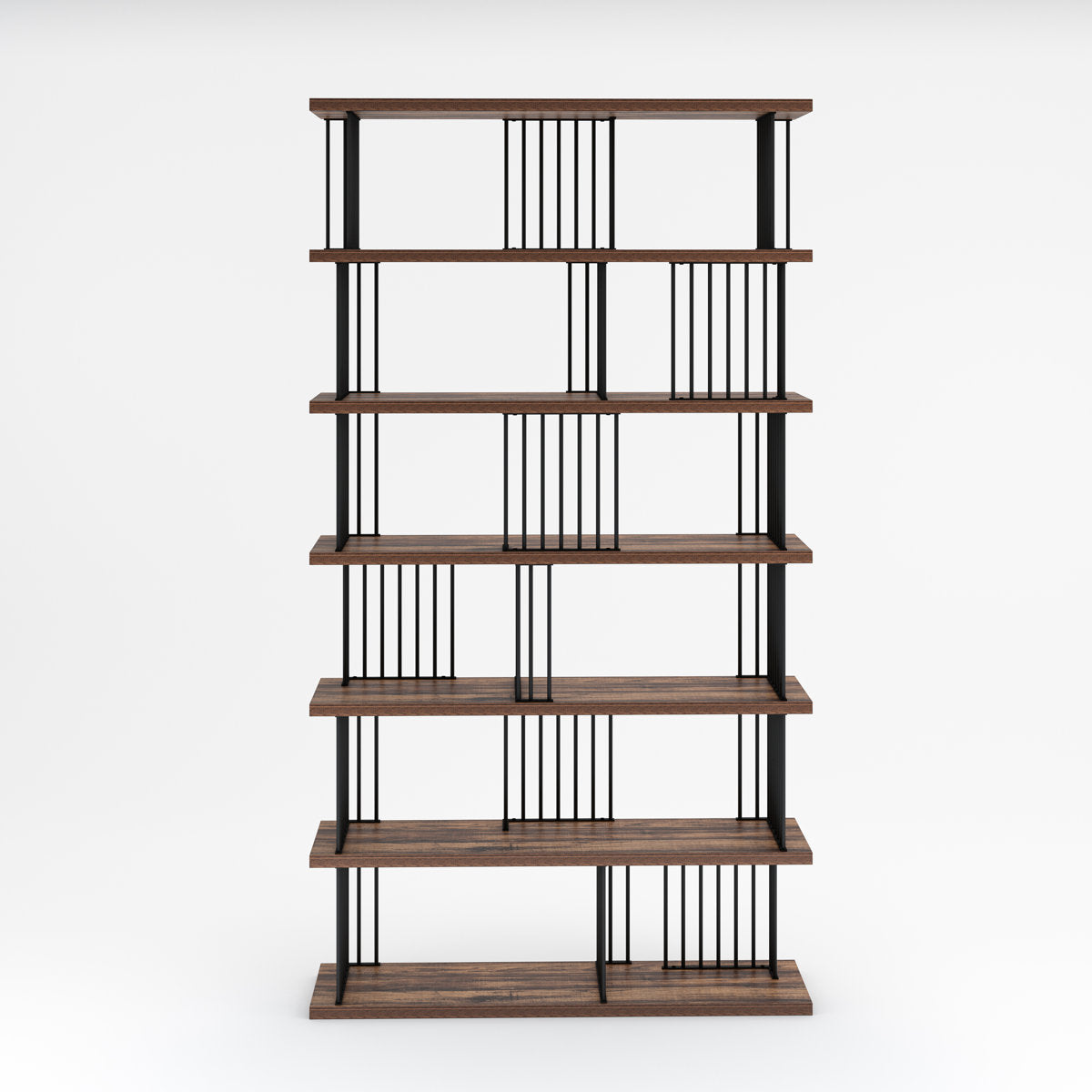 Bookcase with 6 Open Shelves in Antique Walnut and Black Metal