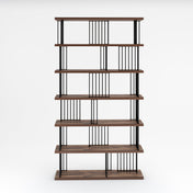 Bookcase with 6 Open Shelves in Antique Walnut and Black Metal