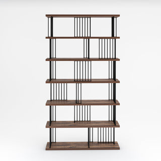 Bookcase with 6 Open Shelves in Antique Walnut and Black Metal
