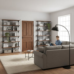 Bookcase with 6 Open Shelves in Antique Walnut and Black Metal