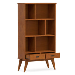 Bookcase with 6 Shelves and 2 Drawers, Solid Wood Mid Century Style