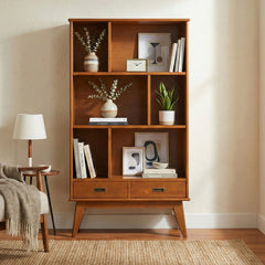 Bookcase with 6 Shelves and 2 Drawers, Solid Wood Mid Century Style