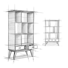 Bookcase with 6 Shelves and 2 Drawers, Solid Wood Mid Century Style