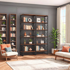 Bookcase with 6 Tiers in Dark Brown Metal and Engineered Wood