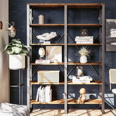 Bookcase with 6 Tiers in Dark Brown Metal and Engineered Wood