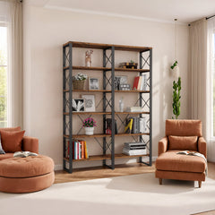 Bookcase with 6 Tiers in Dark Brown Metal and Engineered Wood