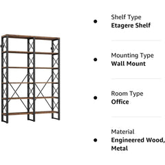 Bookcase with 6 Tiers in Dark Brown Metal and Engineered Wood
