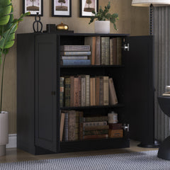 Bookcase with Doors, 3 Shelves, Black Solid Pine Wood