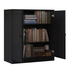 Bookcase with Doors, 3 Shelves, Black Solid Pine Wood