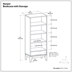 Bookcase with Drawer and Four Shelves, Solid Wood