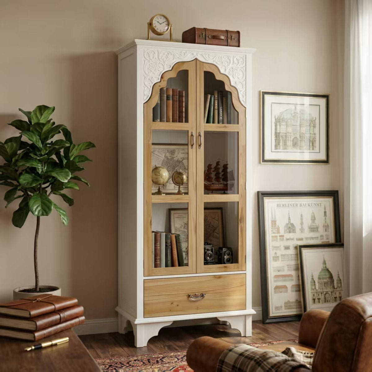 Bookcase with Glass and Fir Wood Doors, 3 Shelves in White/Natural