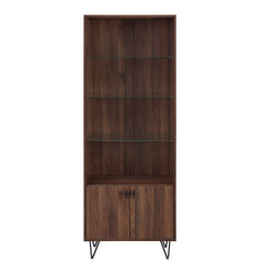 Bookcase with Glass Shelves and Hairpin Legs in Dark Walnut