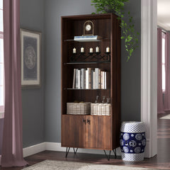 Bookcase with Glass Shelves and Hairpin Legs in Dark Walnut