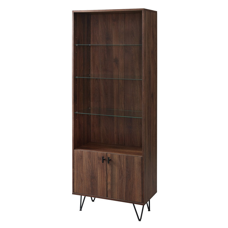 Bookcase with Glass Shelves and Hairpin Legs in Dark Walnut