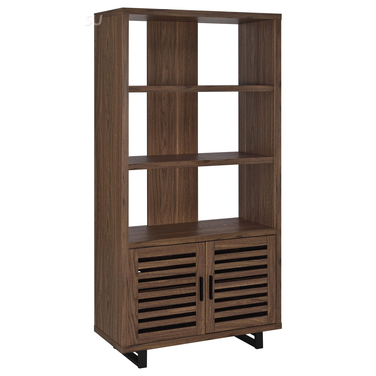 Bookcase with Slatted Doors and Storage Cabinet, Walnut Finish with Black Legs