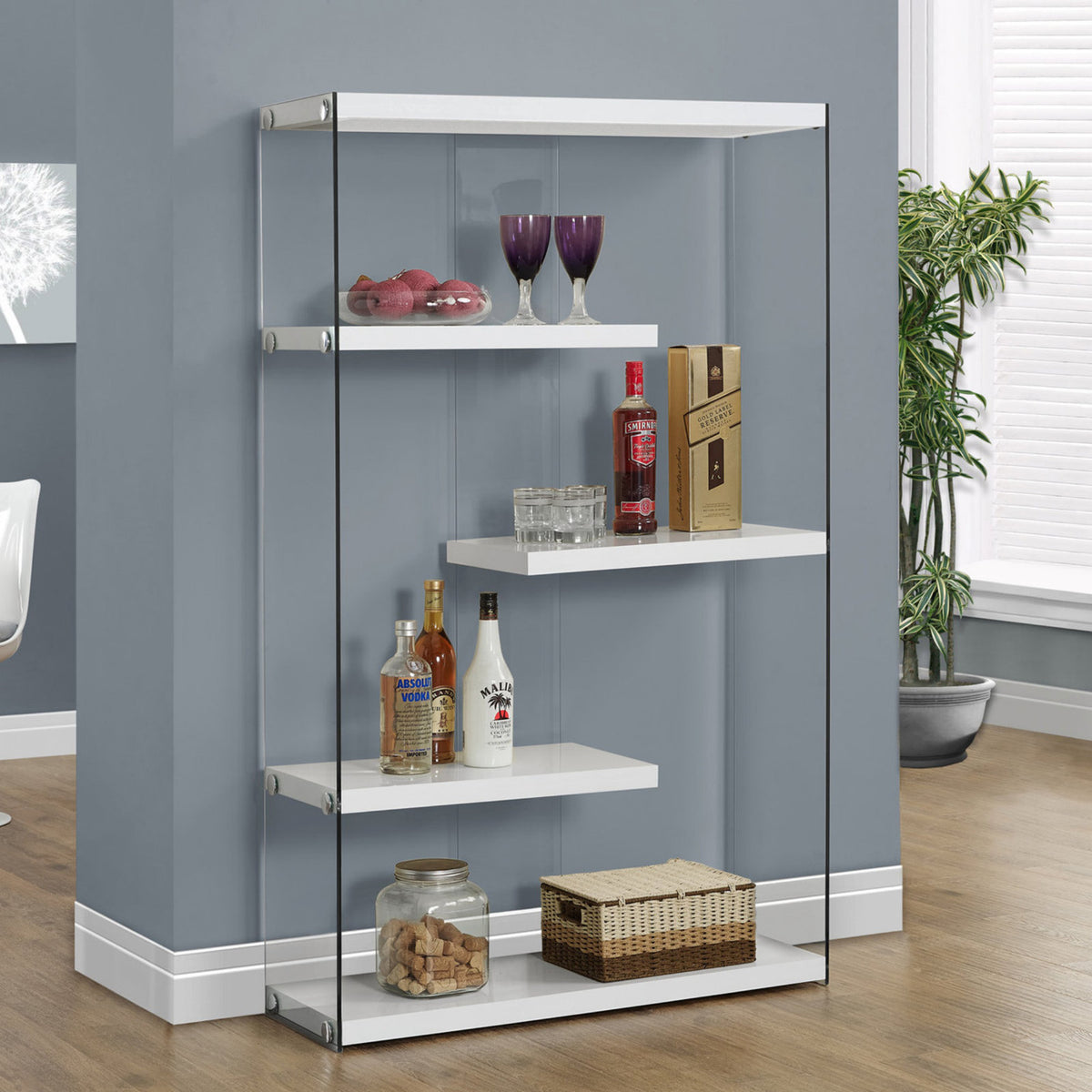Bookcase with Tempered Glass Sides in White with Chrome Accents