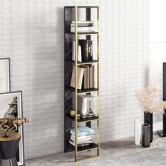Bookshelf, 5 Tiers, Black Particle Board with Gold Metal Parts