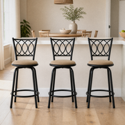 In a room | all three matching stools at a bright flax dining room's island edge, soft midday light from the left
