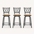 Front | all three matching gold-brown swivel stools centered on paper, oval iron lattice backs and round footrest rings