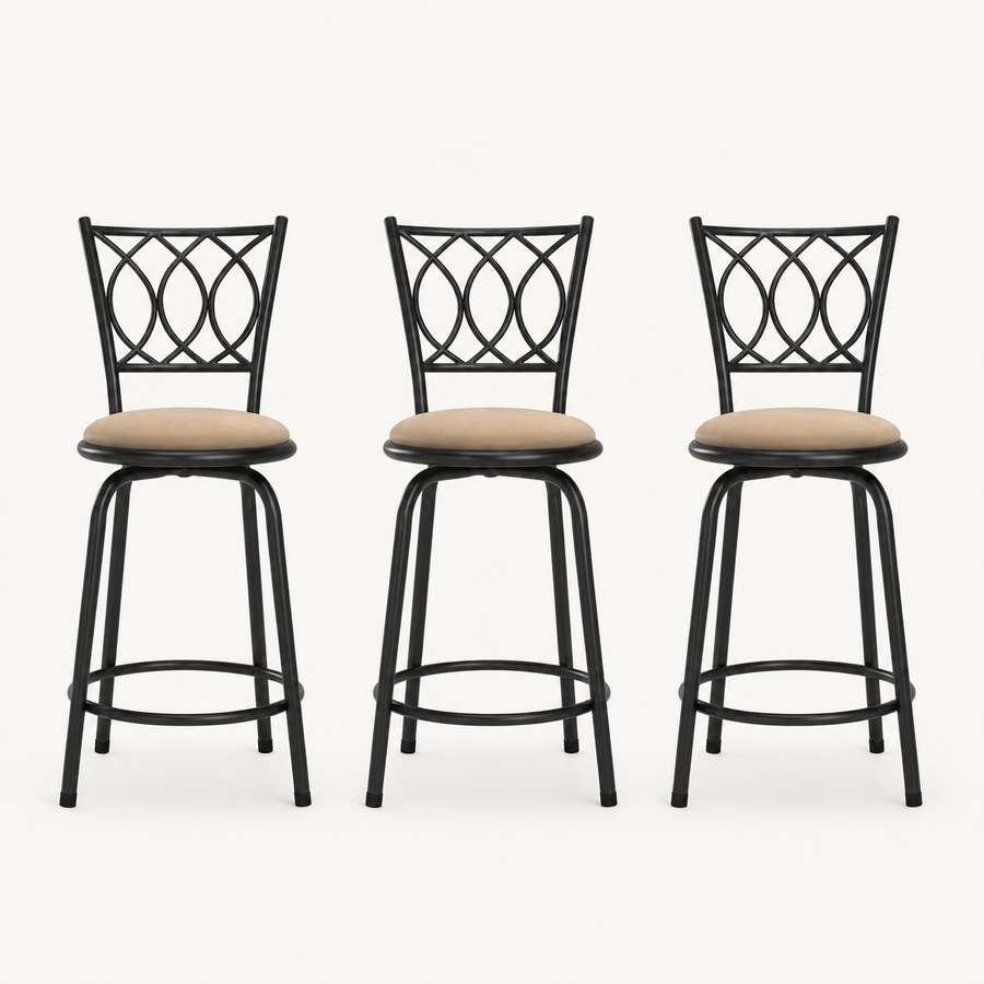 Front | all three matching gold-brown swivel stools centered on paper, oval iron lattice backs and round footrest rings