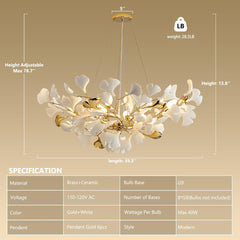 Branch Chandelier with 8 Lights, 40 in Wide, Gold Finish