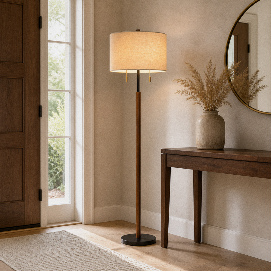 In a room | the floor lamp beside a console table in a warm entryway, morning light from the front door
