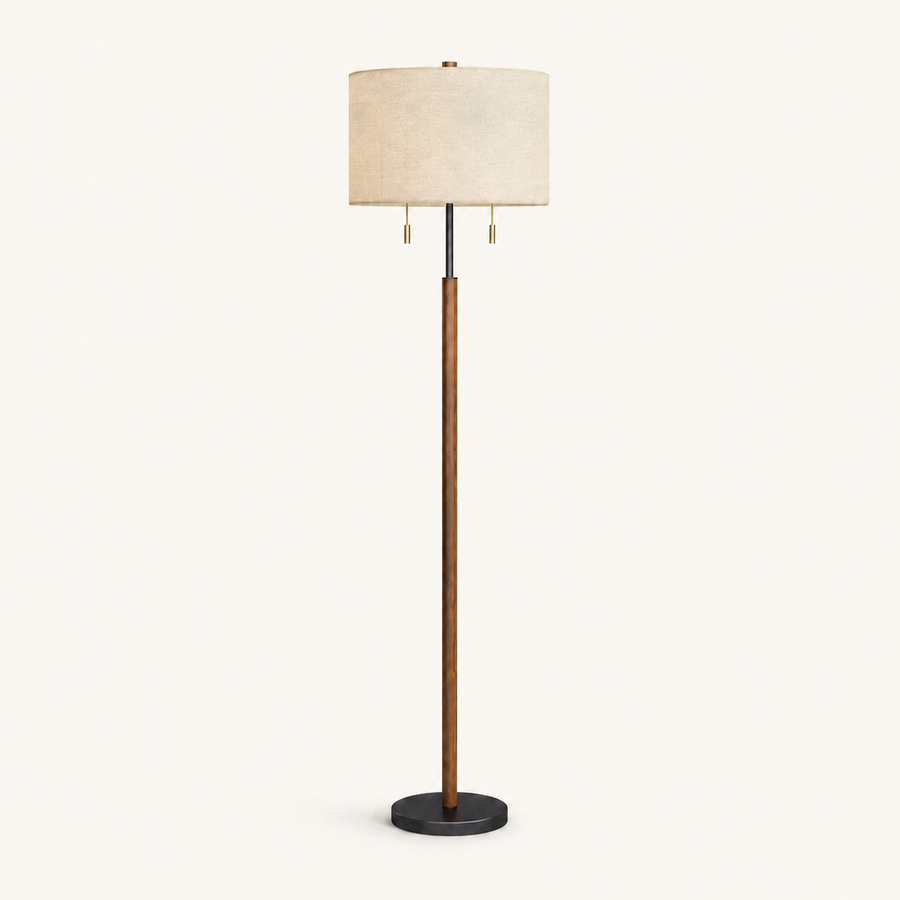 Front | studio front of the beige linen drum shade, wood stem, and black base