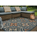 Outdoor deck | the rug shown on a wood deck with wicker outdoor seating