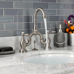 Bridge Bathroom Faucet, Heirloom, Two-Handle 3-Hole in Brushed Nickel