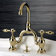 Bridge Bathroom Faucet, Heirloom, Two-Handle 3-Hole in Polished Brass