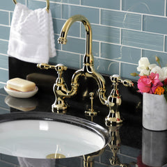 Bridge Bathroom Faucet, Heirloom, Two-Handle 3-Hole in Polished Brass