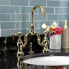 Bridge Bathroom Faucet, Heirloom, Two-Handle 3-Hole in Polished Brass