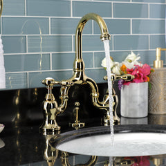 Bridge Bathroom Faucet, Heirloom, Two-Handle 3-Hole in Polished Brass
