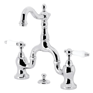 Bridge Bathroom Faucet, Heirloom, Two-Handle 3-Hole with Brass Pop-Up in Polished Chrome