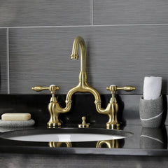 Bridge Bathroom Faucet, Heirloom, Two-Handle with Pop-Up in Brushed Brass