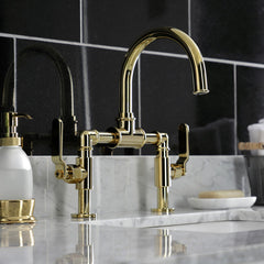 Bridge Bathroom Faucet, Whitaker, Two-Handle, 2-Hole, Deck Mount, Polished Brass
