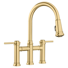 Bridge Faucet, Empressa, Pull-Down Dual Spray, 2 Lever Handles, Satin Gold