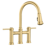 Bridge Faucet, Empressa, Pull-Down Dual Spray, 2 Lever Handles, Satin Gold