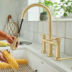 Bridge Faucet, Empressa, Pull-Down Dual Spray, 2 Lever Handles, Satin Gold