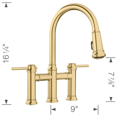 Bridge Faucet, Empressa, Pull-Down Dual Spray, 2 Lever Handles, Satin Gold