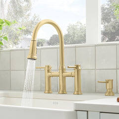 Bridge Faucet, Empressa, Pull-Down Dual Spray, 2 Lever Handles, Satin Gold