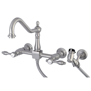 Bridge Faucet, Essex, Wall Mount, Double Lever Handle, Brass, Brushed Nickel