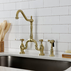 Bridge Kitchen Faucet, Bel-Air, Two-Handle 3-Hole in Brushed Brass
