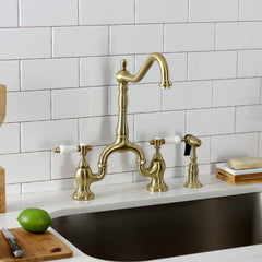 Bridge Kitchen Faucet, Bel-Air, Two-Handle 3-Hole in Brushed Brass