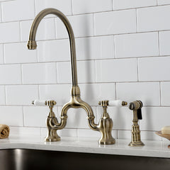 Bridge Kitchen Faucet, Bel-Air, Two-Handle with Sprayer in Antique Brass