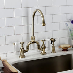 Bridge Kitchen Faucet, Bel-Air, Two-Handle with Sprayer in Antique Brass
