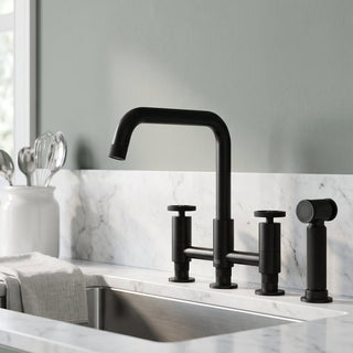 Bridge Kitchen Faucet, Cass, 2-Handle, Side Sprayer, Brass, Matte Black
