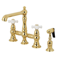Bridge Kitchen Faucet, English Country, Two-Handle 4-Hole in Polished Brass